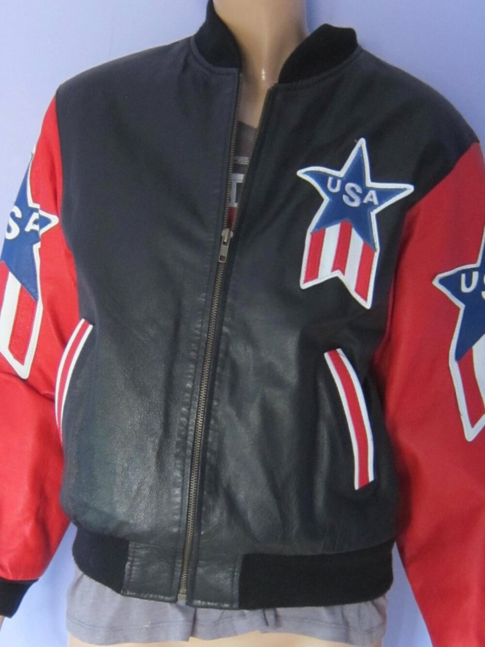 Vintage 80s MICHAEL HOBAN WHERE MI Black Leather USA Flag Stars Biker Jacket